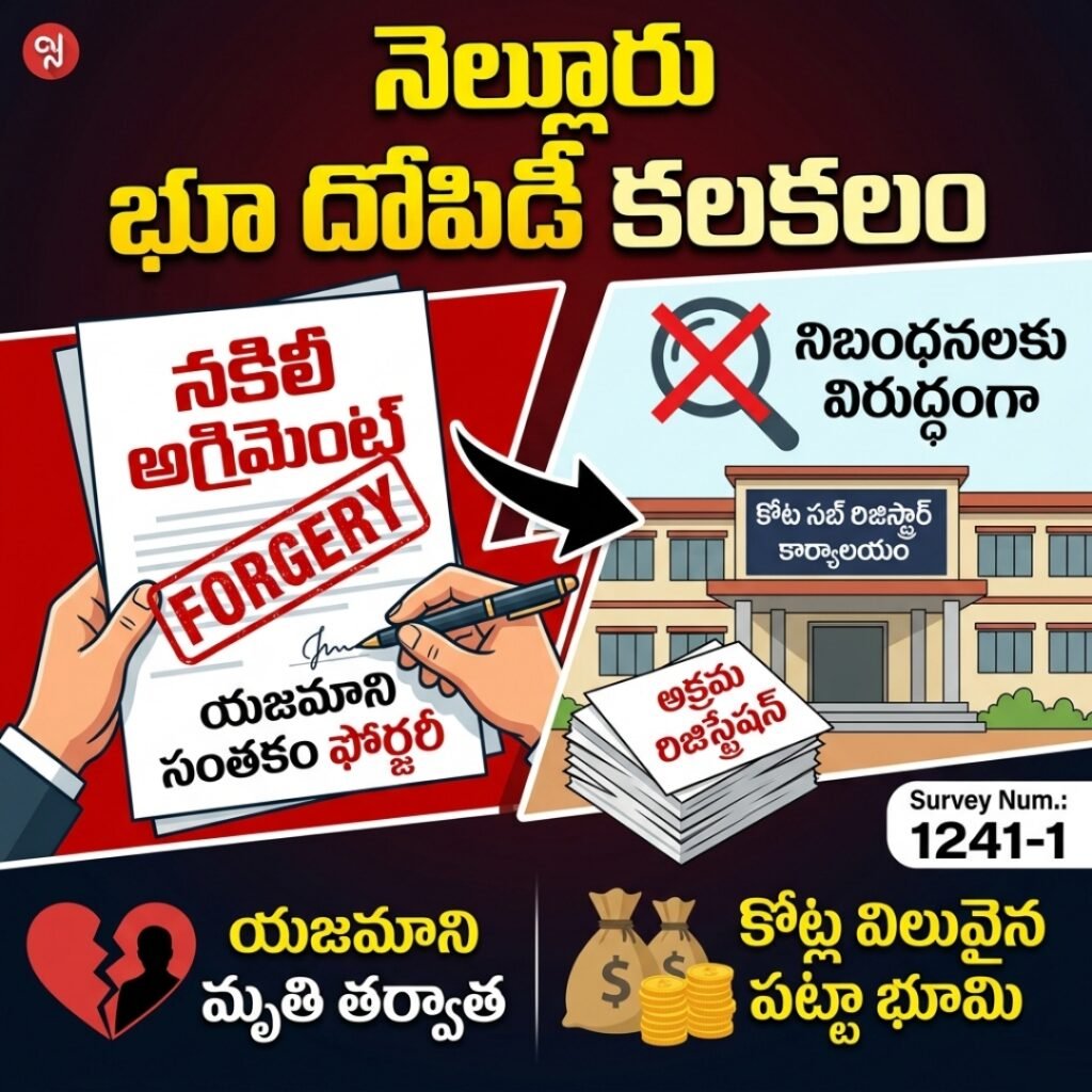 నెల్లూరు జిల్లాలో కలకలం రేపుతున్న భూ దోపిడీ,,నకిలీ పత్రాలతో కోట్ల విలువైన పట్టా భూమి అక్రమ రిజిస్ట్రేషన్