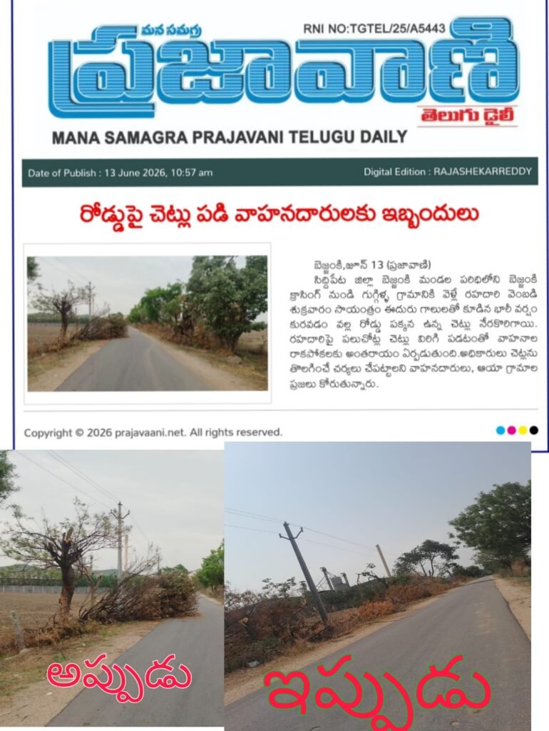 ప్రజావాణి కథనానికి స్పందన – రహదారిపై పడిన చెట్ల తొలగింపు