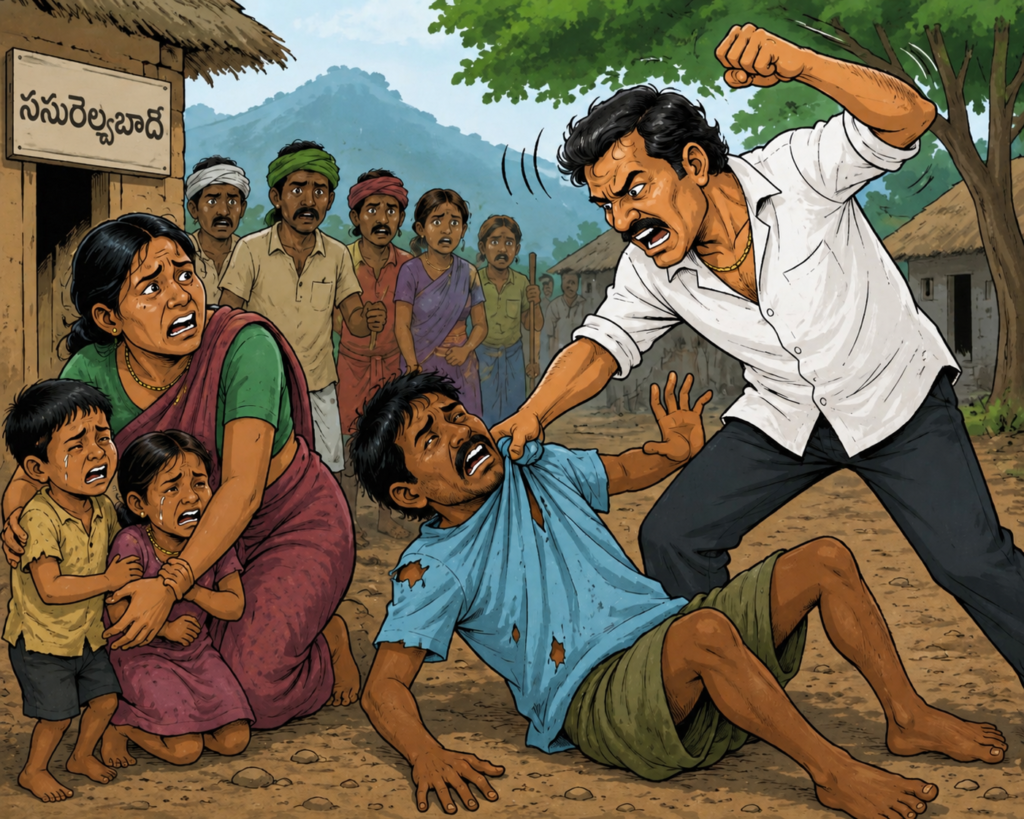అనారోగ్యంతో ఉన్న గిరిజన కుటుంబంపై దాడి  కులం పేరుతో దౌర్జన్యాలు  అతనిపై చర్యలు తీసుకోవాలని గ్రామస్తుల డిమాండ్