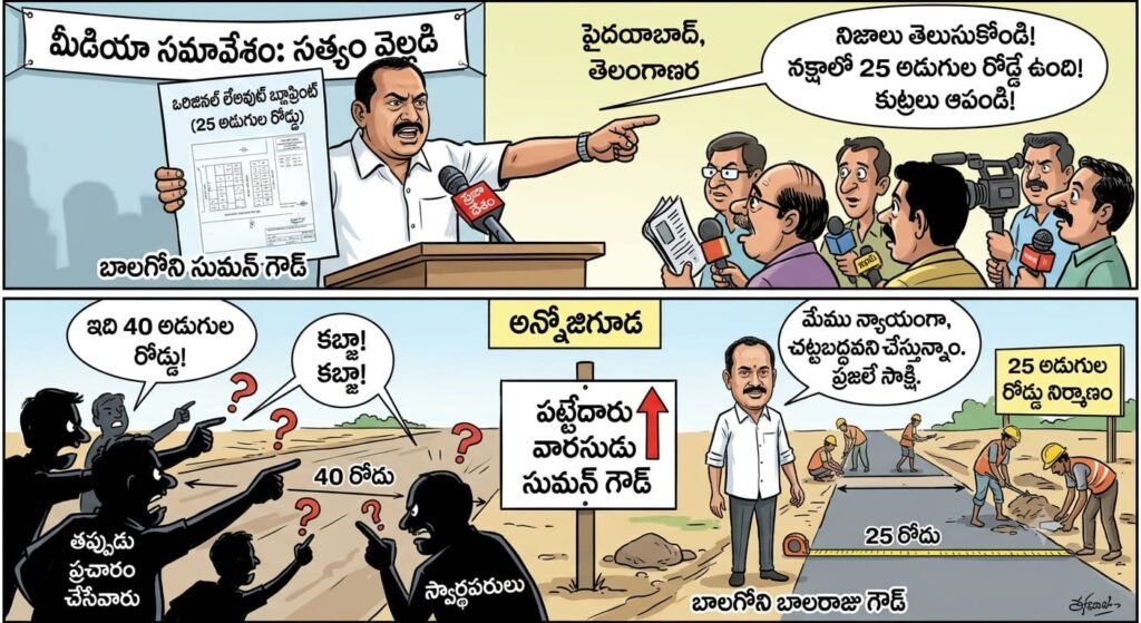 బాలగోని బాలరాజు గౌడ్‌పై తప్పుడు ప్రచారాలు మాని.. నక్షా చూసి మాట్లాడాలి : పట్టేదారు వారసుడు సుమన్ గౌడ్……రాజకీయ కుట్రలతోనే లేనిపోని అబండాలు: సుమన్ గౌడ్ ఆగ్రహం….ఒరిజినల్ బ్లూ ప్రింట్ ప్రకారం అక్కడ ఉన్నది 25 అడుగుల రోడ్డే!…..132 ప్లాట్ల లేఅవుట్‌లో 25 శాతం వాటా ఇంకా తమ వద్దే ఉంది..