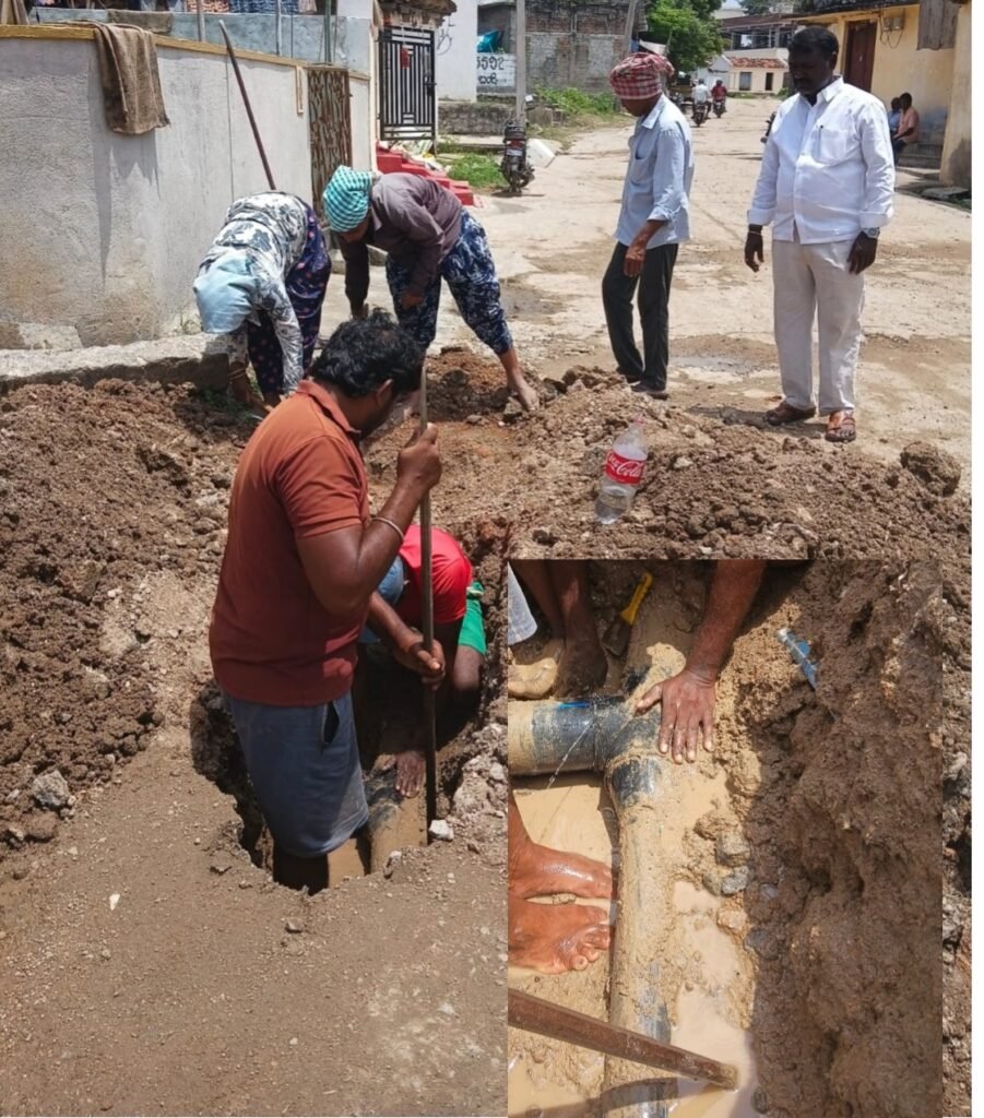మిషన్ భగీరథ లికేజ్ పైపుకు మరమ్మతులు -లీకేజీతో వృథాగా పోతున్న నీటికి అడ్డుకట్ట