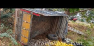 అతివేగం తో కరెంట్ పోల్ ను ఢీకొని బోల్తాపడిన వాహనం